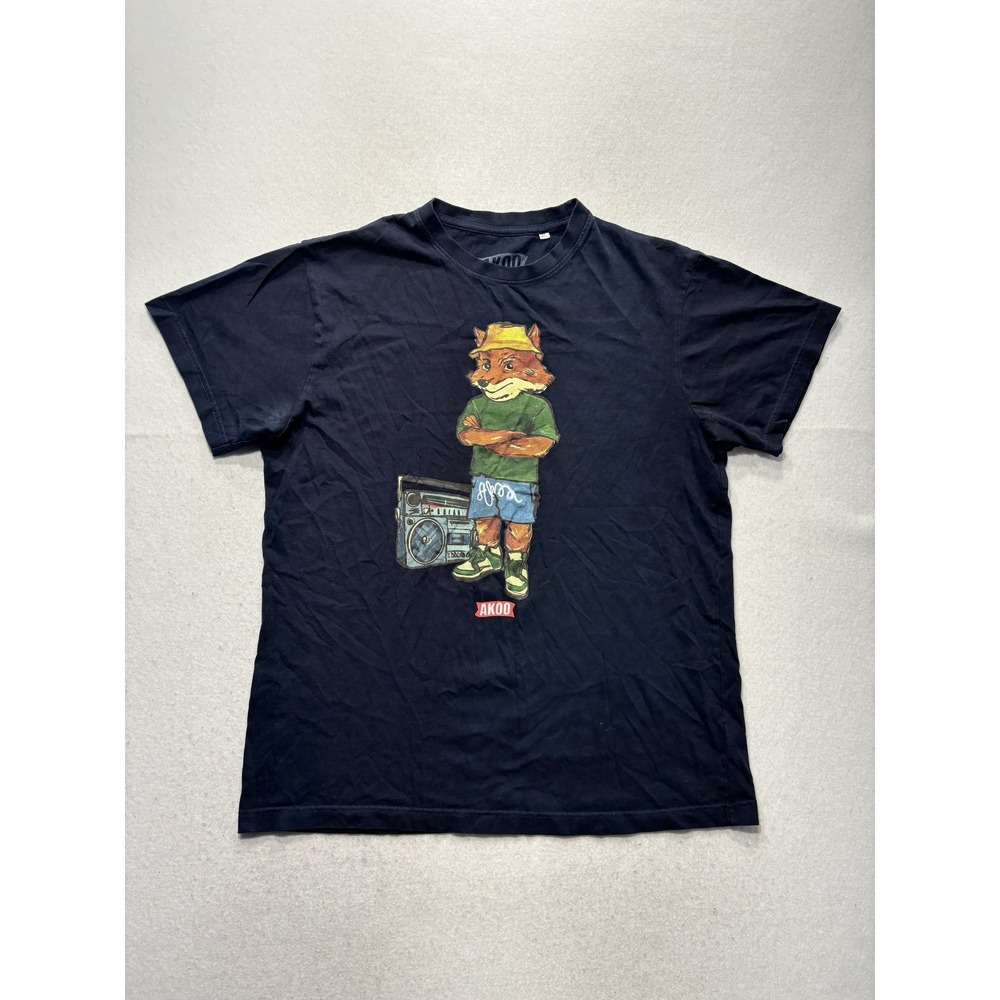 AKOO Shirt Mens Large Blue Fox Boombox Graphic Tee Streetwear Hip Hop Cartoon